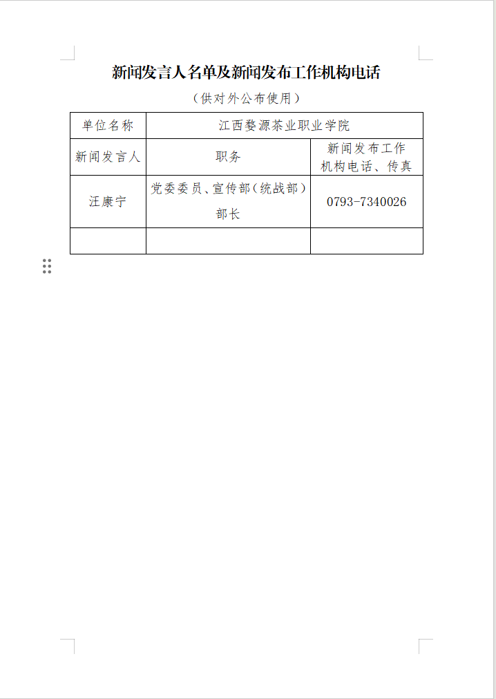 江西婺源茶业职业学院新闻发言人名单及新闻发布机构联系方式